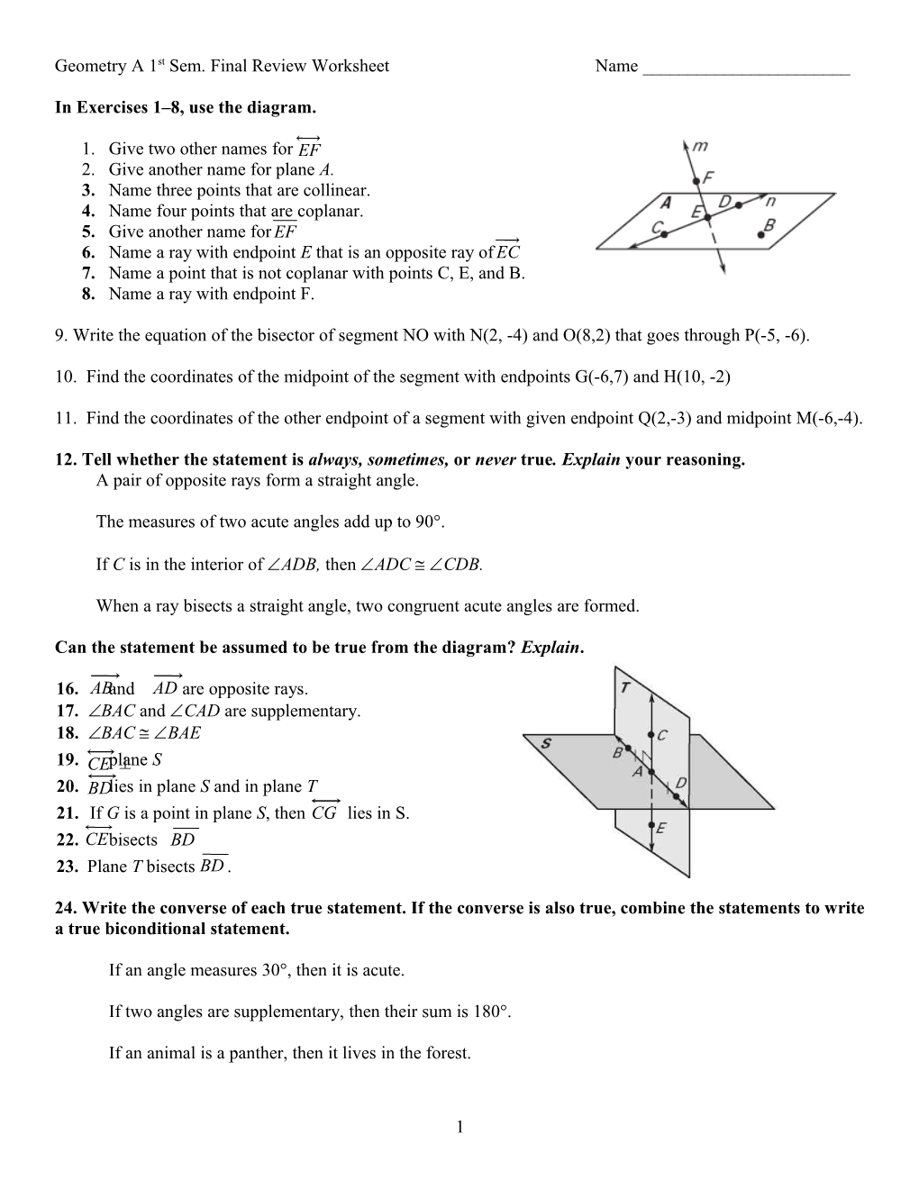 Geometry a 1St Sem. Final Review Worksheet Name ______