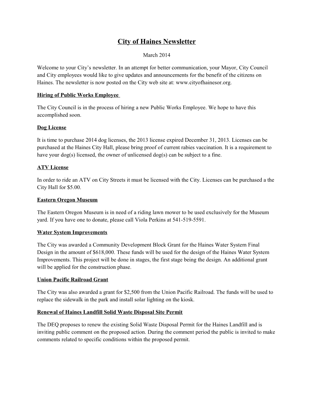 City of Haines Newsletter