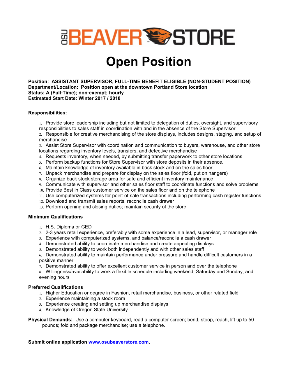 Job Description for Web Order Position