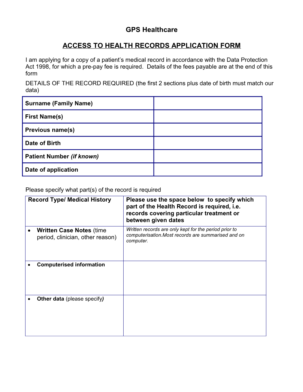 Access to Health Records Application Form