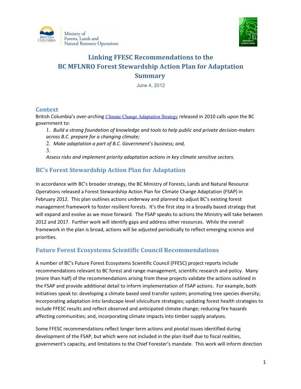 BC MFLNRO Forest Stewardship Action Plan for Adaptation
