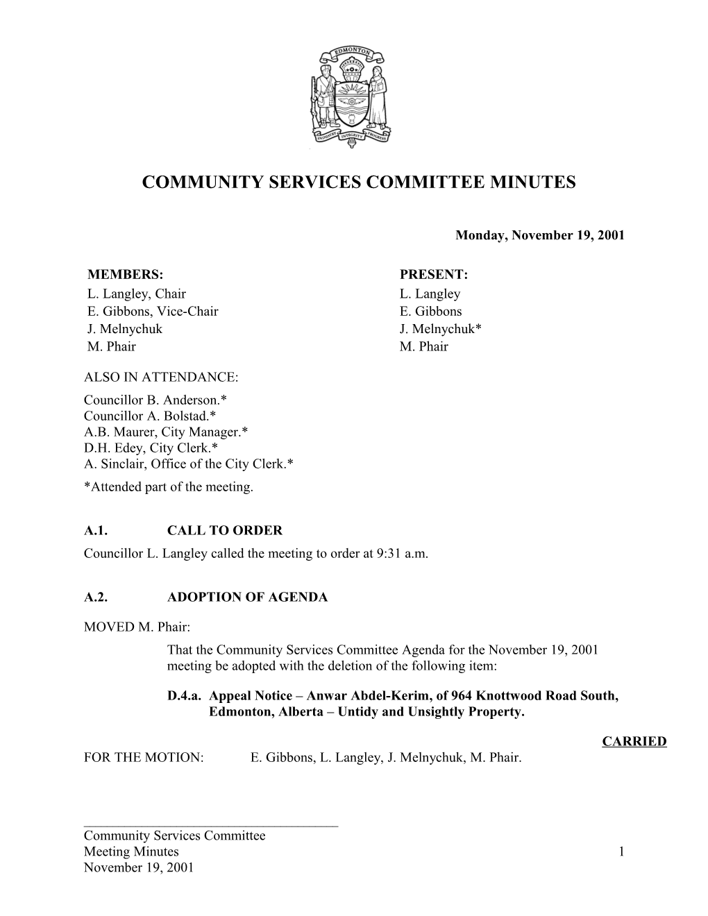 Minutes for Community Services Committee November 19, 2001 Meeting