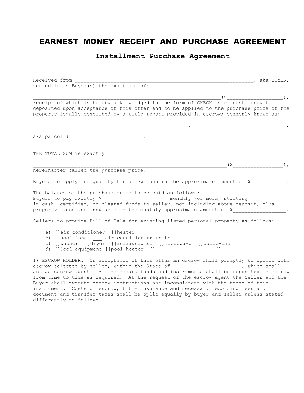 Earnest Money Receipt And Purchase Agreement