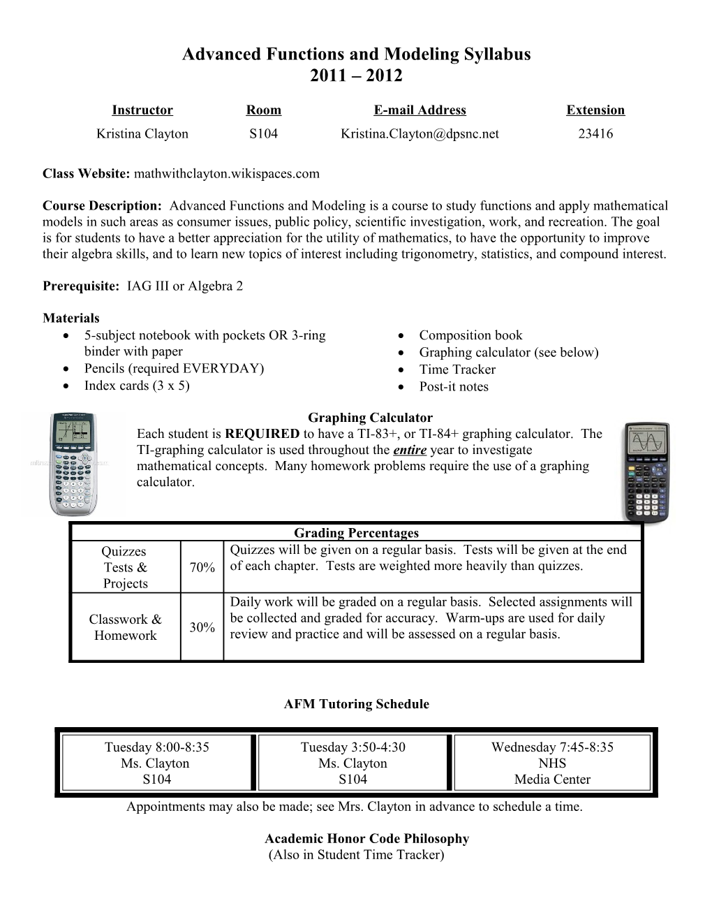 Advanced Functions and Modeling Syllabus