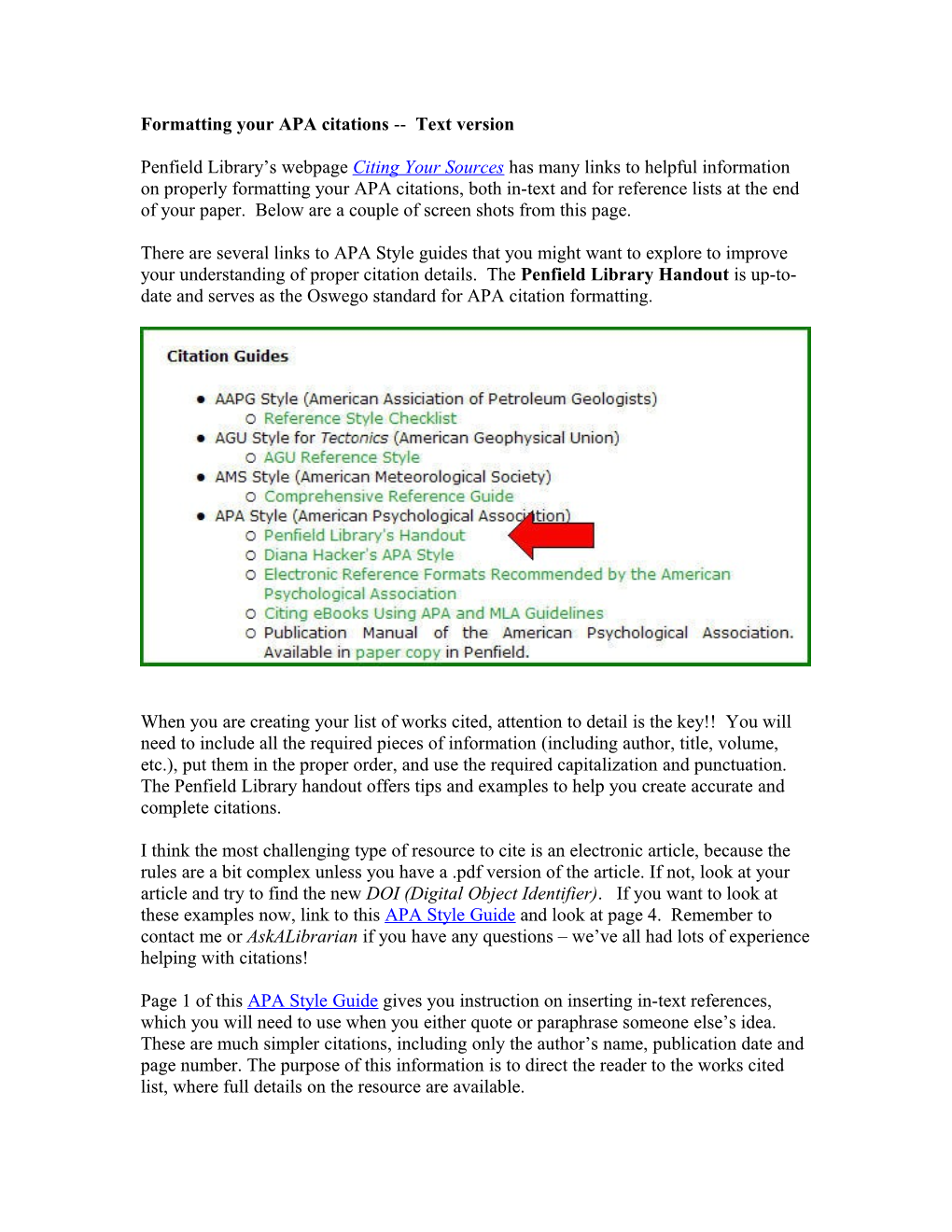 Formatting Your APA Citations -- Text Version