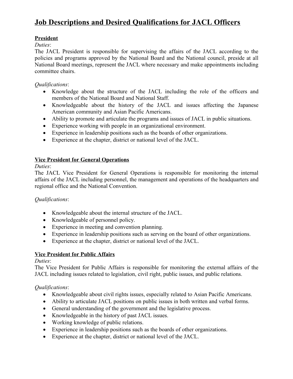 Job Descriptions and Desired Qualifications for JACL Officers