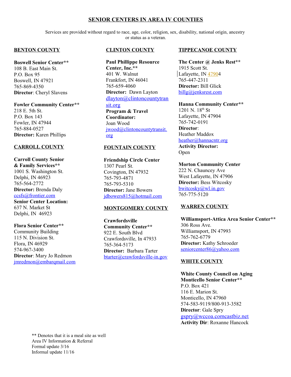 Senior Centers in Area IV