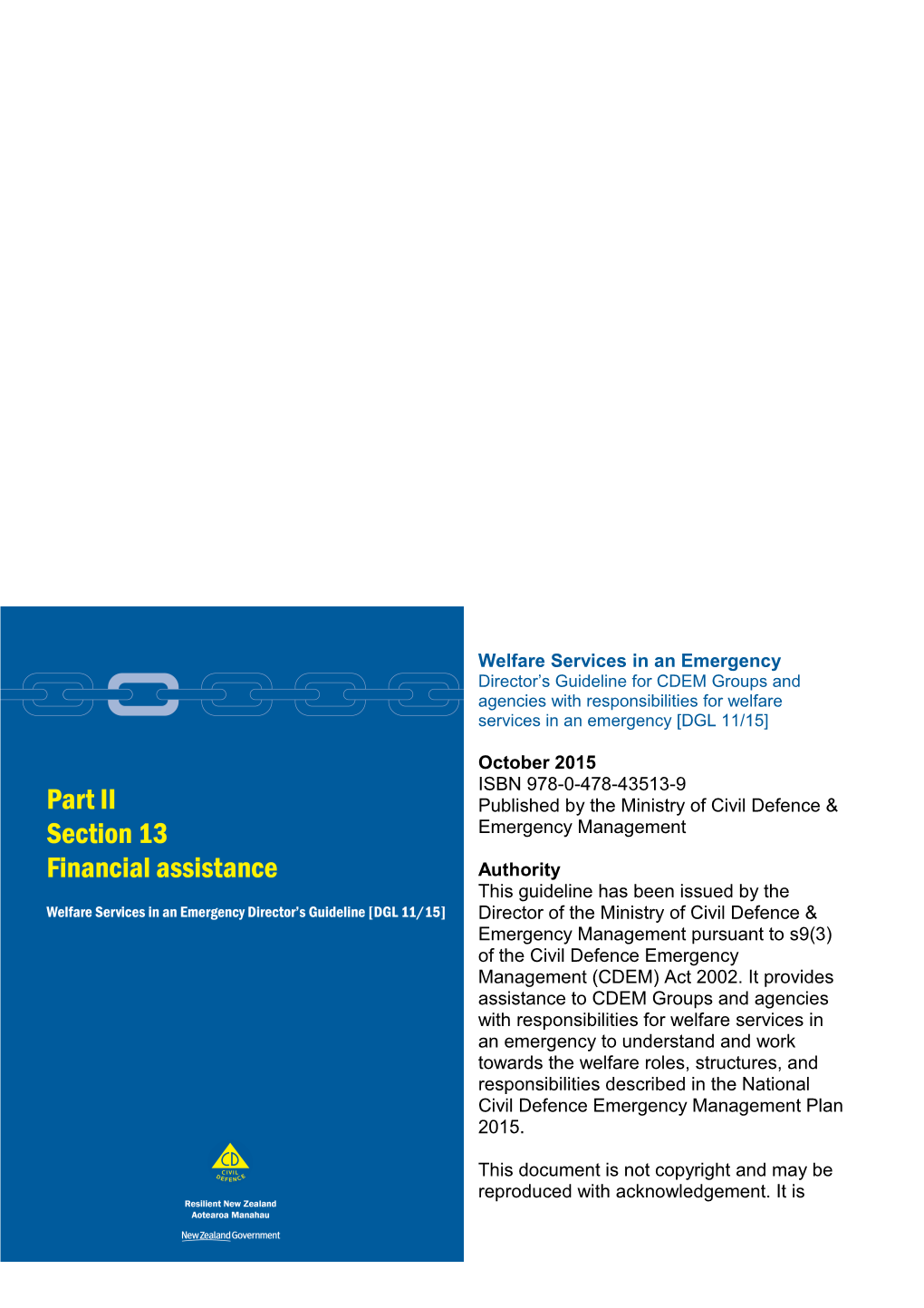 Welfare Services in an Emergency - Part II Section 13 Financial Assistance - November 2015