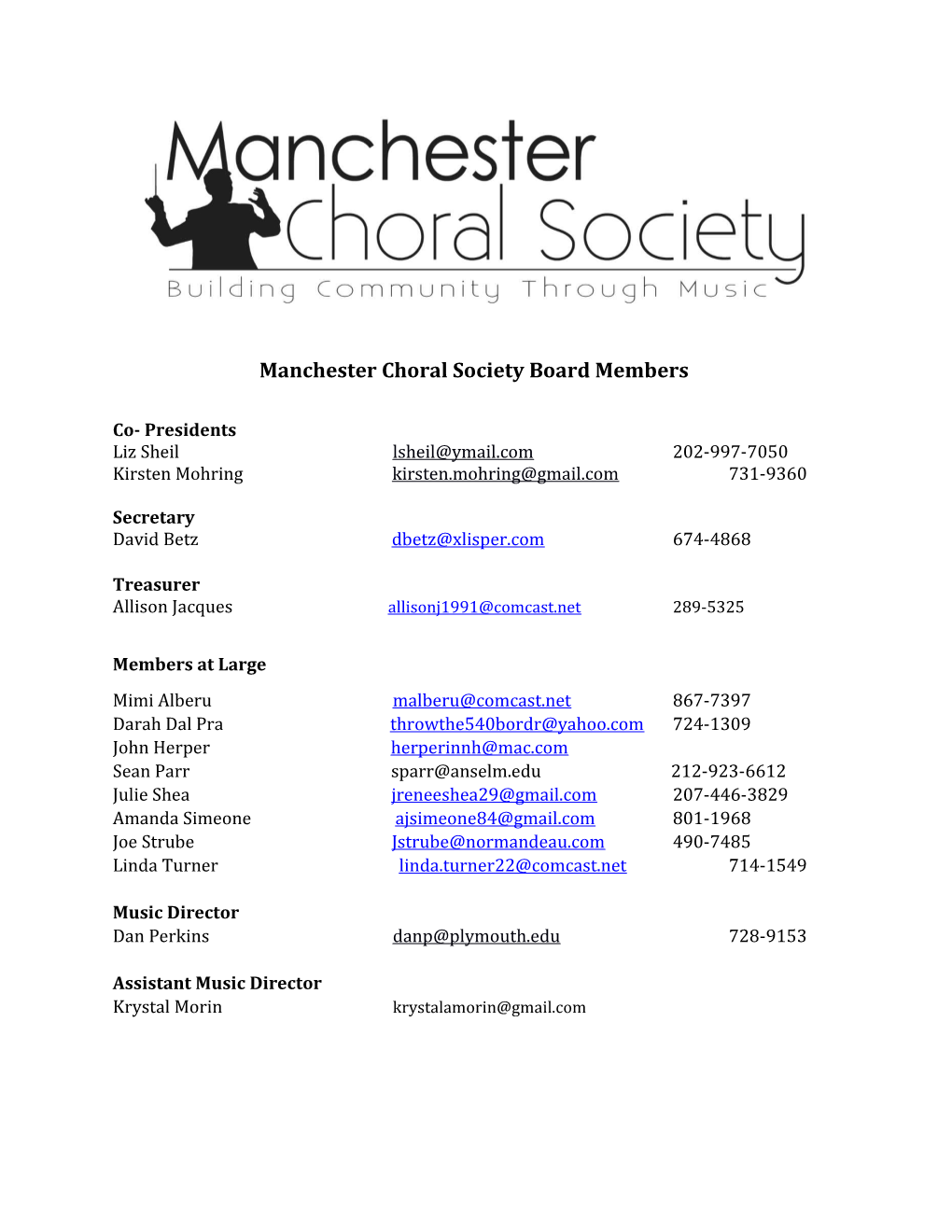 Manchester Choral Society Board Members