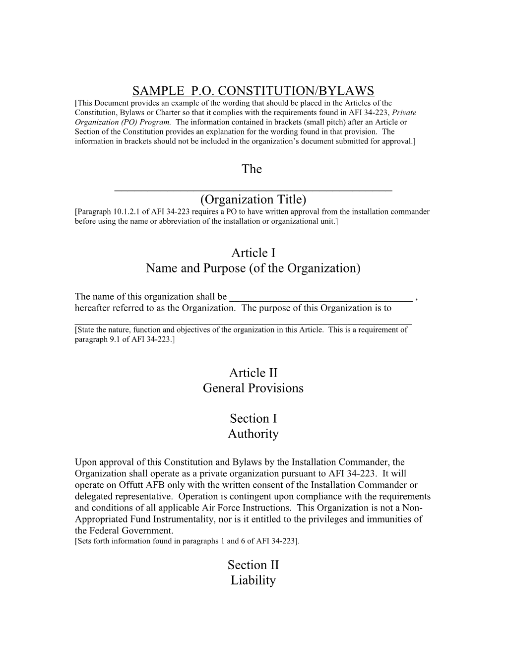 Sample P.O. Constitution/Bylaws