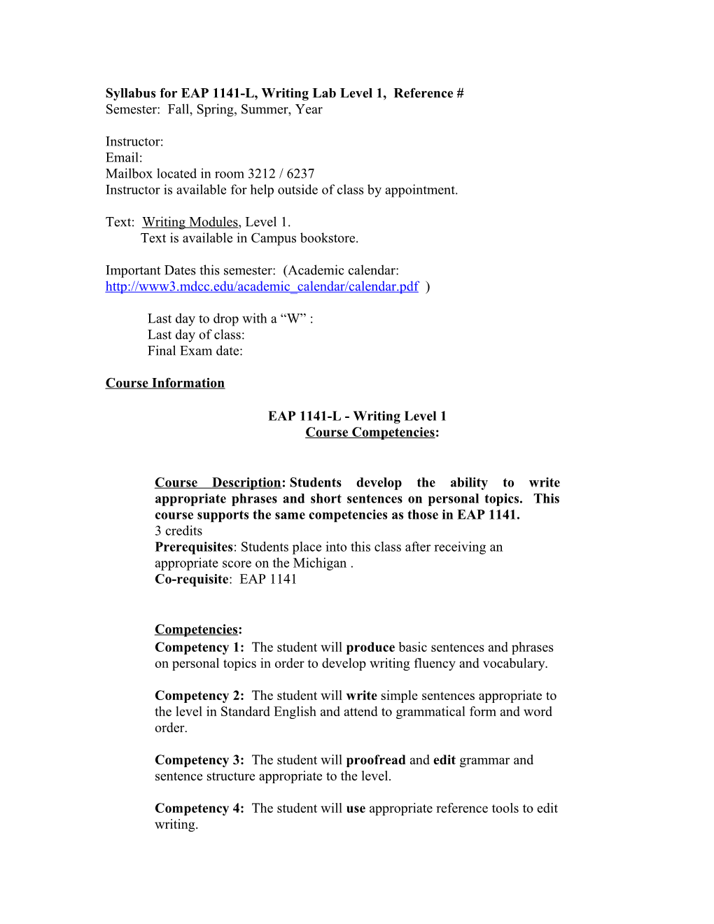 Syllabus For EAP 1141-L, Writing Lab Level 1, Reference #