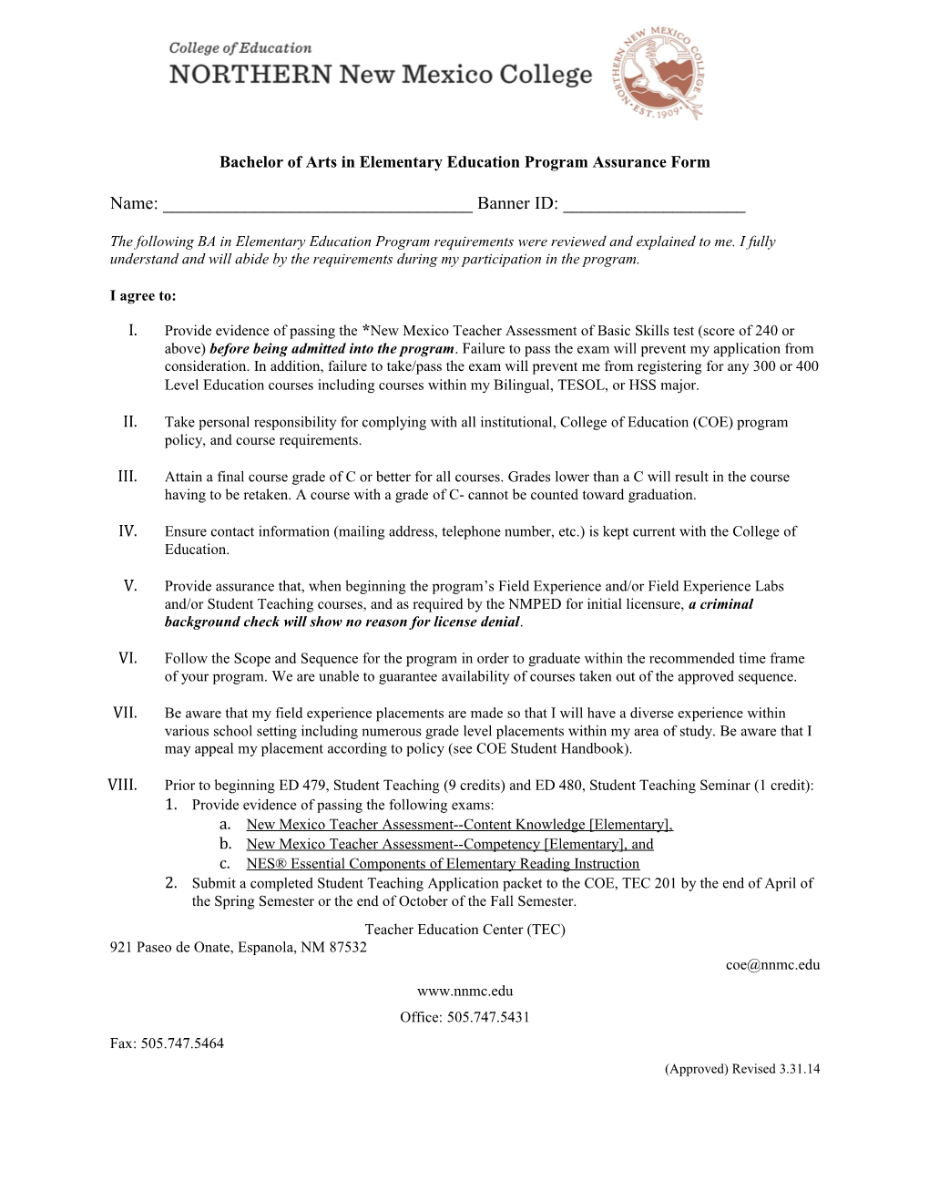 Bachelor of Arts in Elementary Education Program Assurance Form