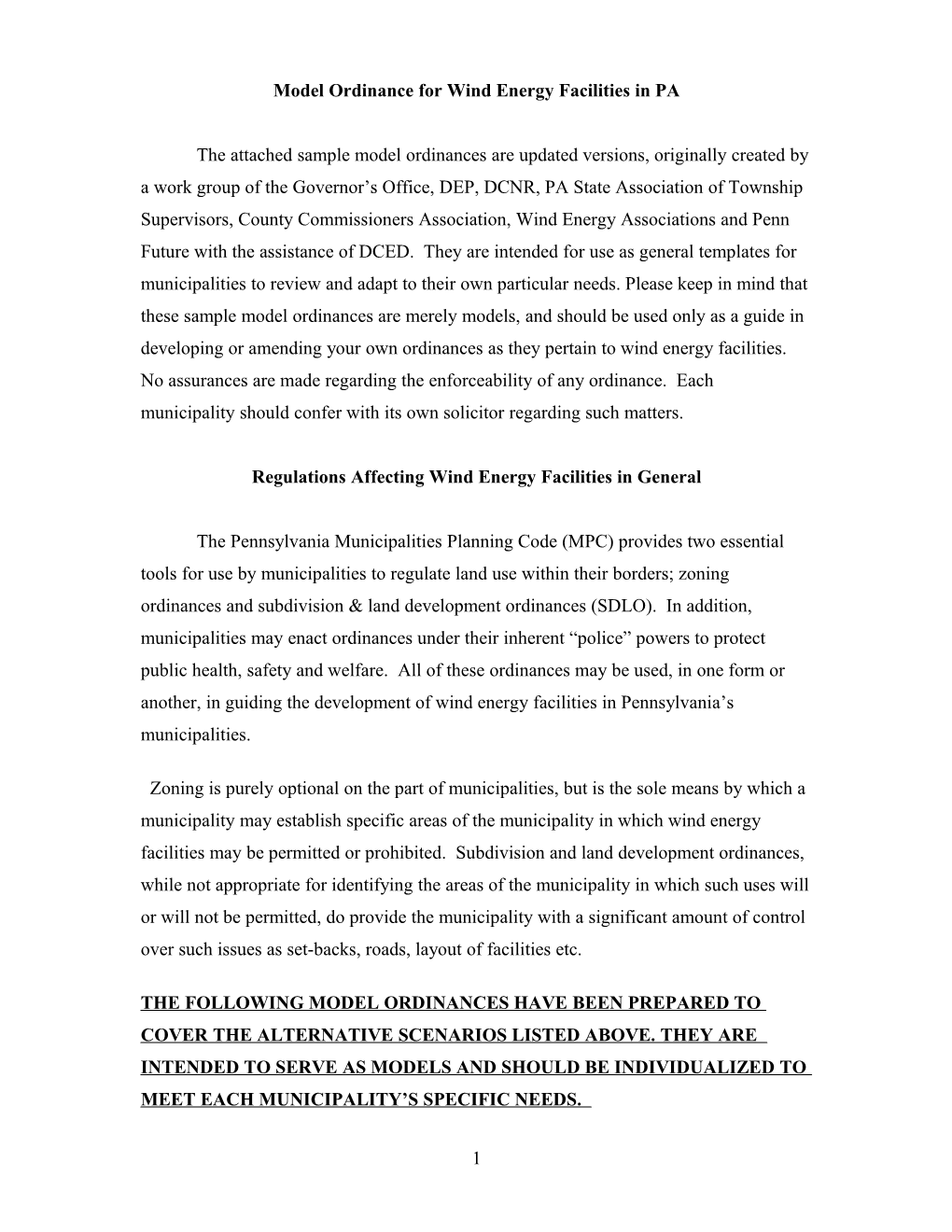 Model Ordinance for Wind Energy Facilities in PA