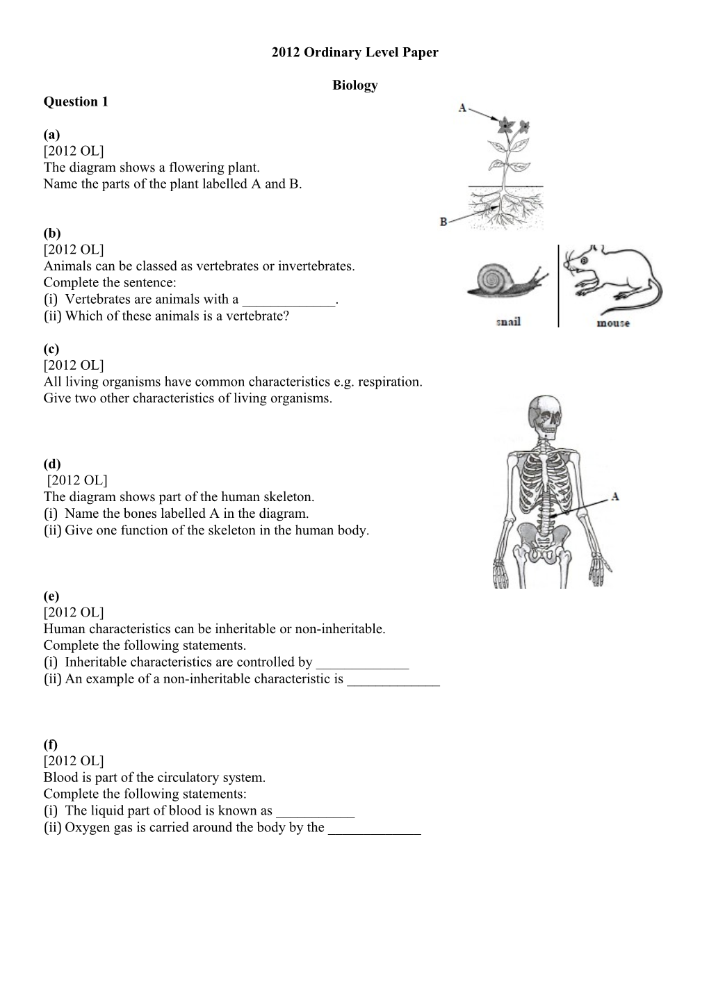 2012 Ordinary Level Paper