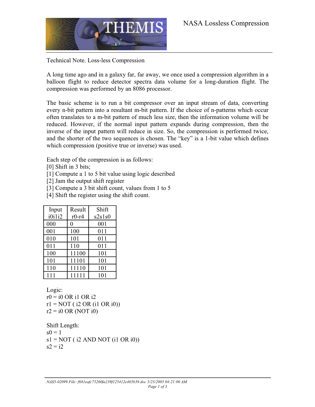 Technical Note. Loss-Less Compression