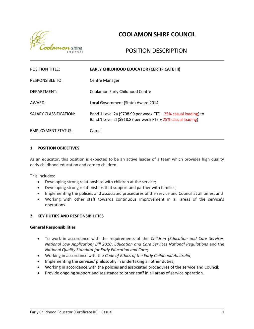 Position Title: Early Childhood Educator (Certificate Iii)