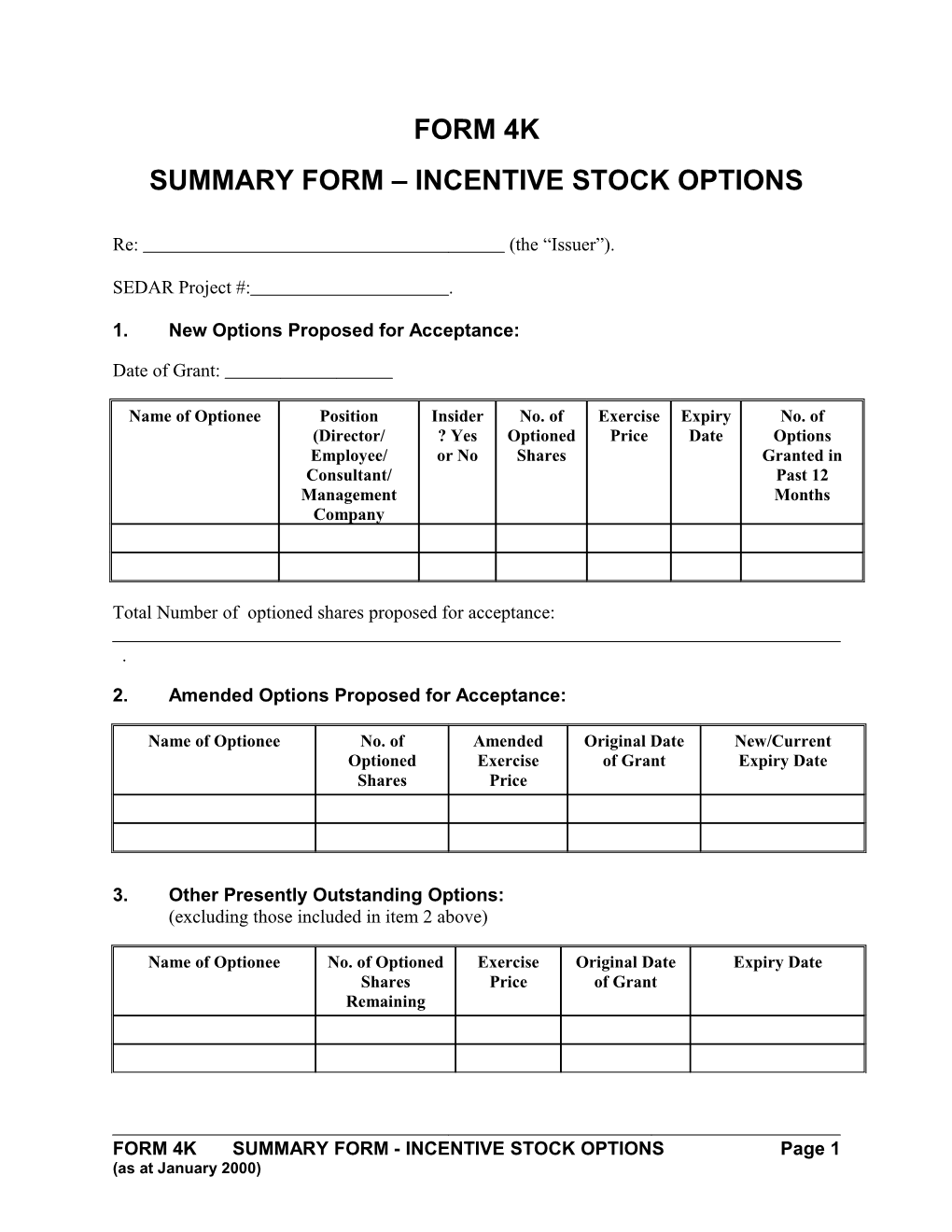Summary Form Incentive Stock Options