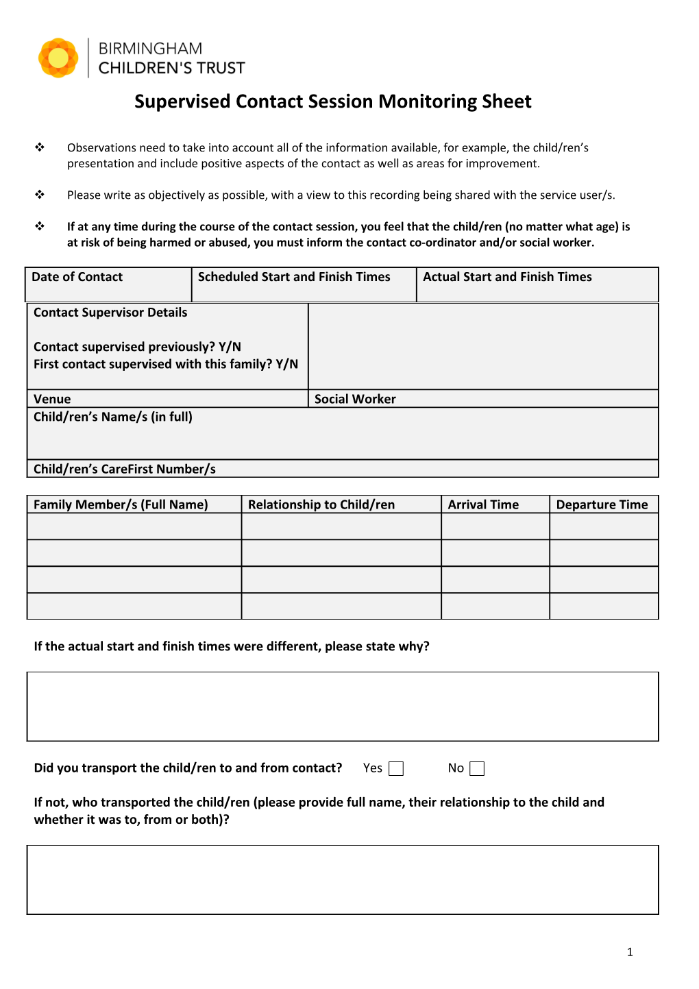 Supervised Contact Session Monitoring Sheet
