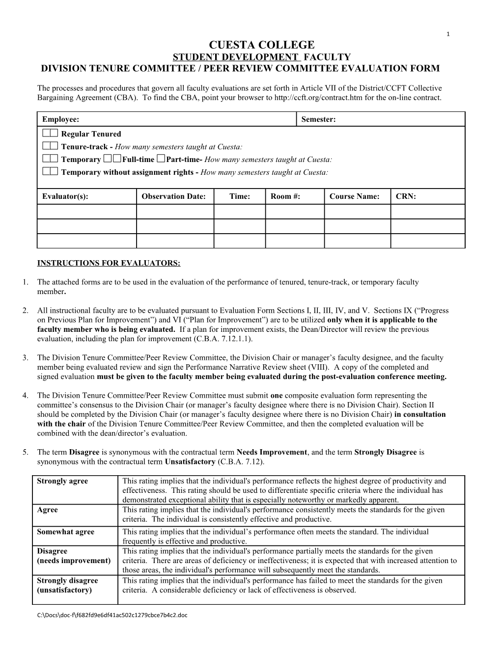 DIVISION TENURE COMMITTEE / Peer Review Committee Evaluation Form