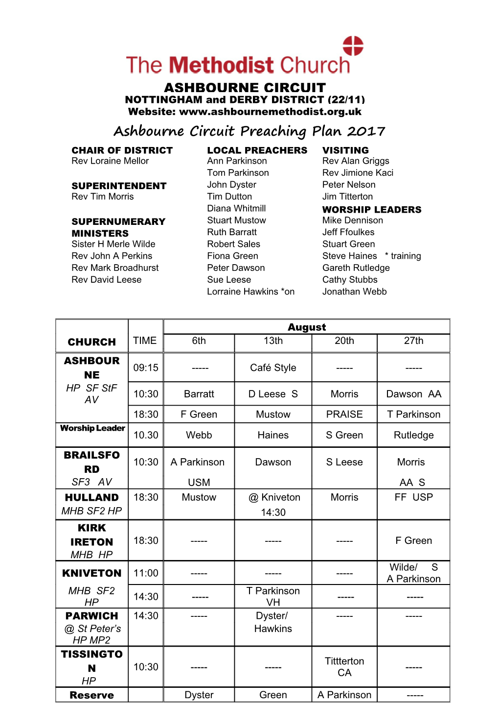 Ashbourne Circuit Preaching Plan 2017