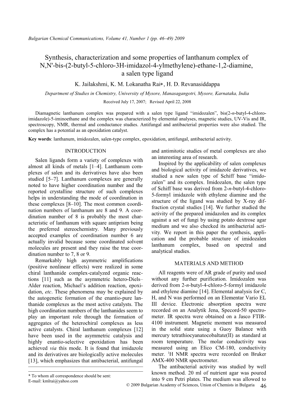 Lanthanum Complex of Bis(2-Butyl-4-Chloro-Imidazole)-5-Iminoethane, a Salen Type Ligand