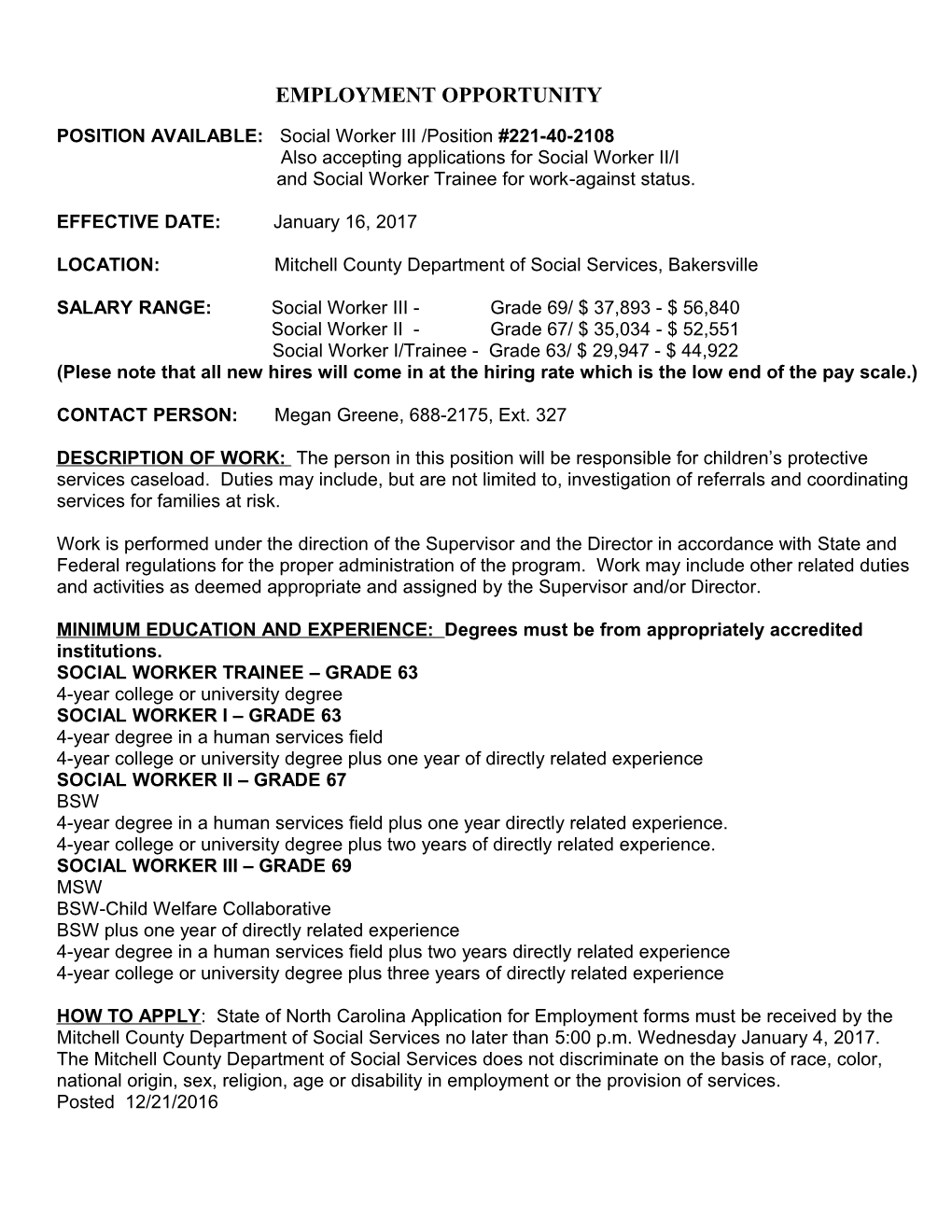 POSITION AVAILABLE: Social Worker III /Position #221-40-2108