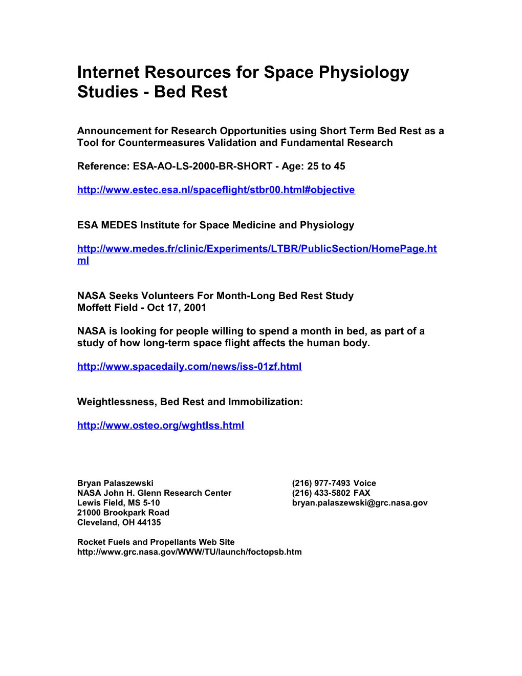 Internet Resources for Space Physiology Studies - Bed Rest