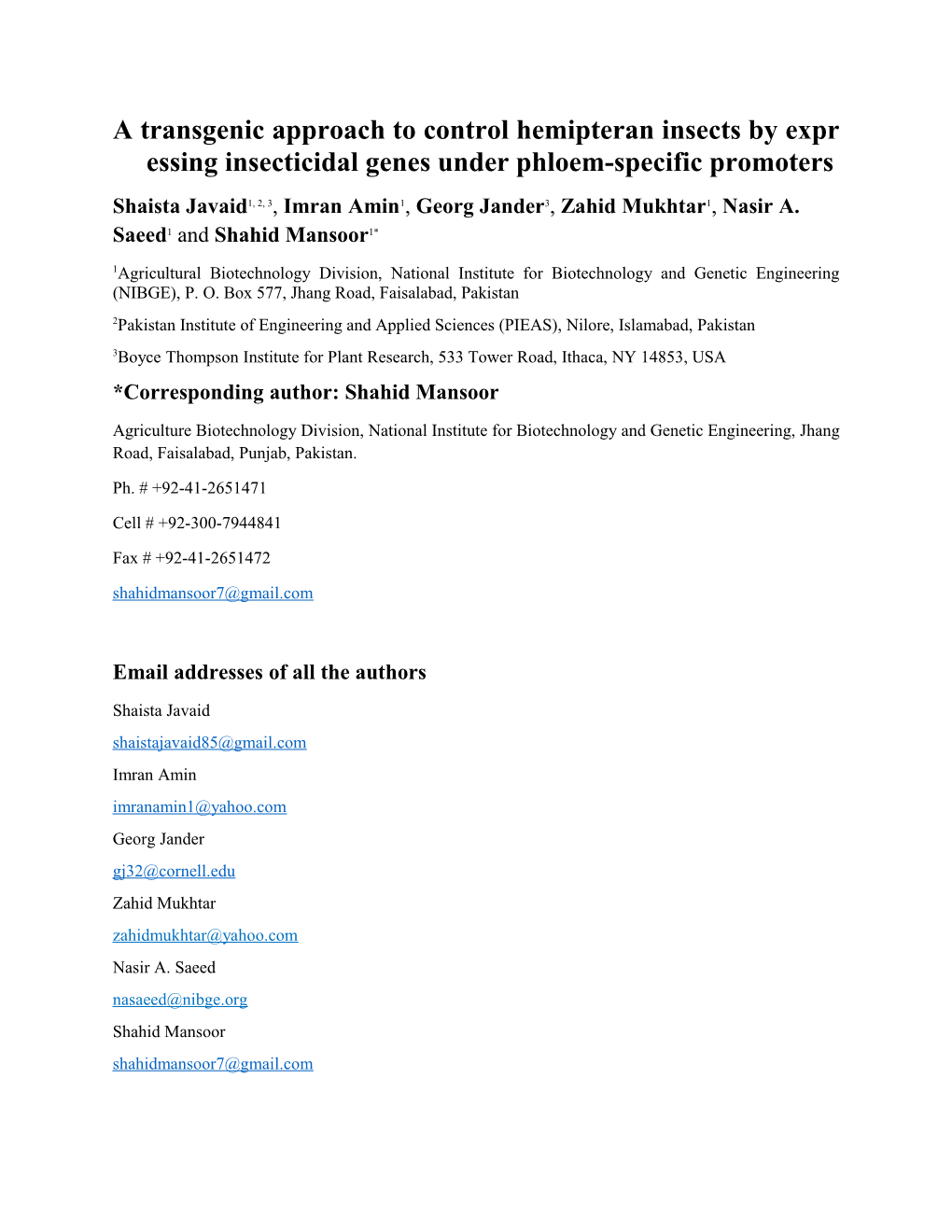 A Transgenic Approach to Control Hemipteran Insects by Expressing Insecticidal Genes Under