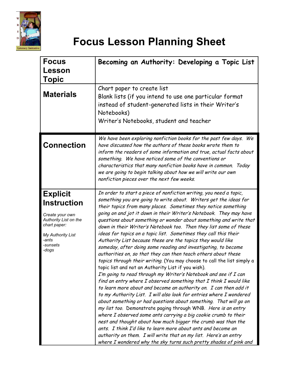 Focus Lesson Planning Sheet s8
