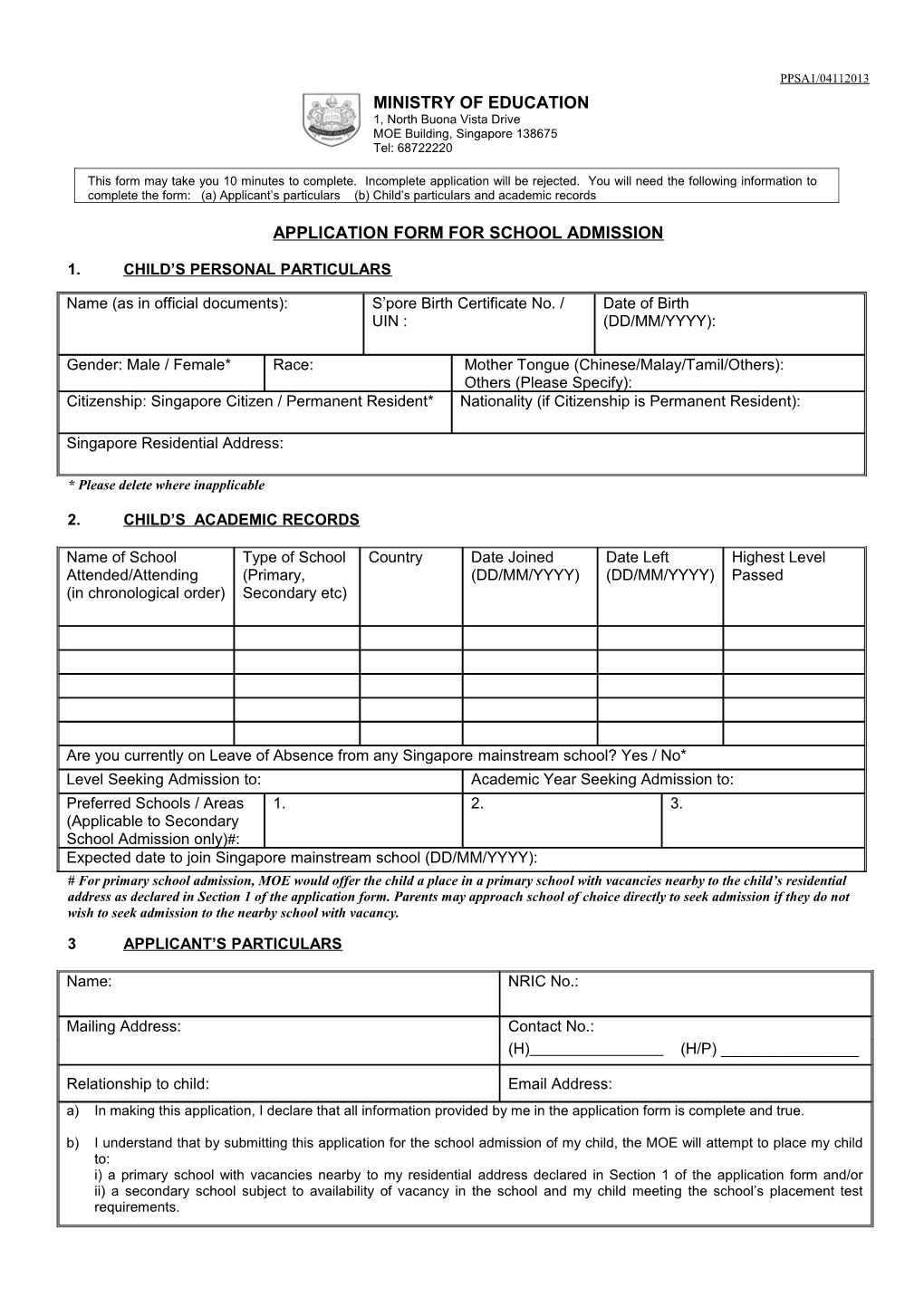 Application Form for School Admission