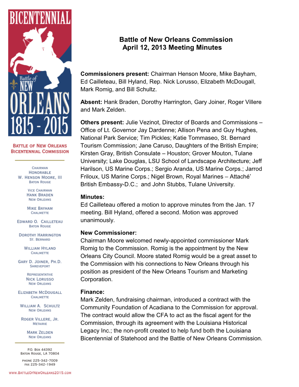 Battle of New Orleans Commission April 12, 2013 Meeting Minutes