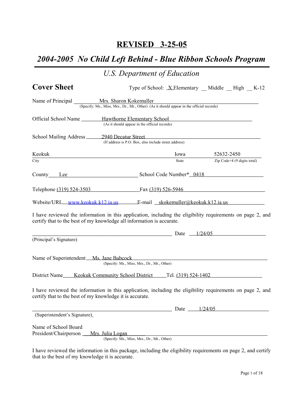 Hawthorne Elementary School Application: 2004-2005, No Child Left Behind - Blue Ribbon