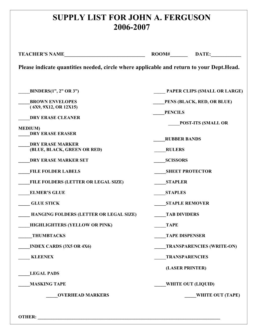 Supply List for John A