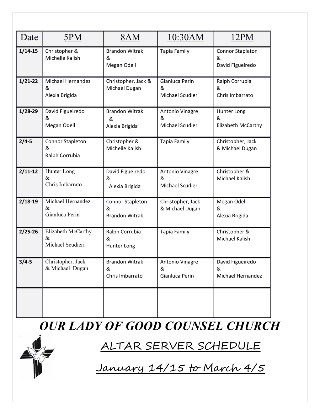 Altar Server Schedule s1