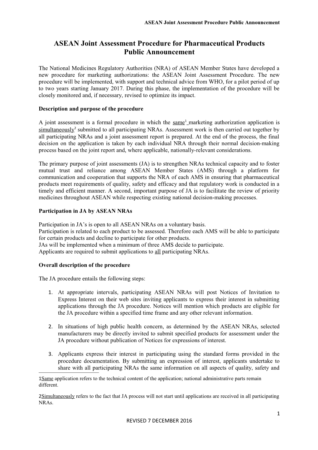 ASEAN Joint Assessment Procedure Public Announcement