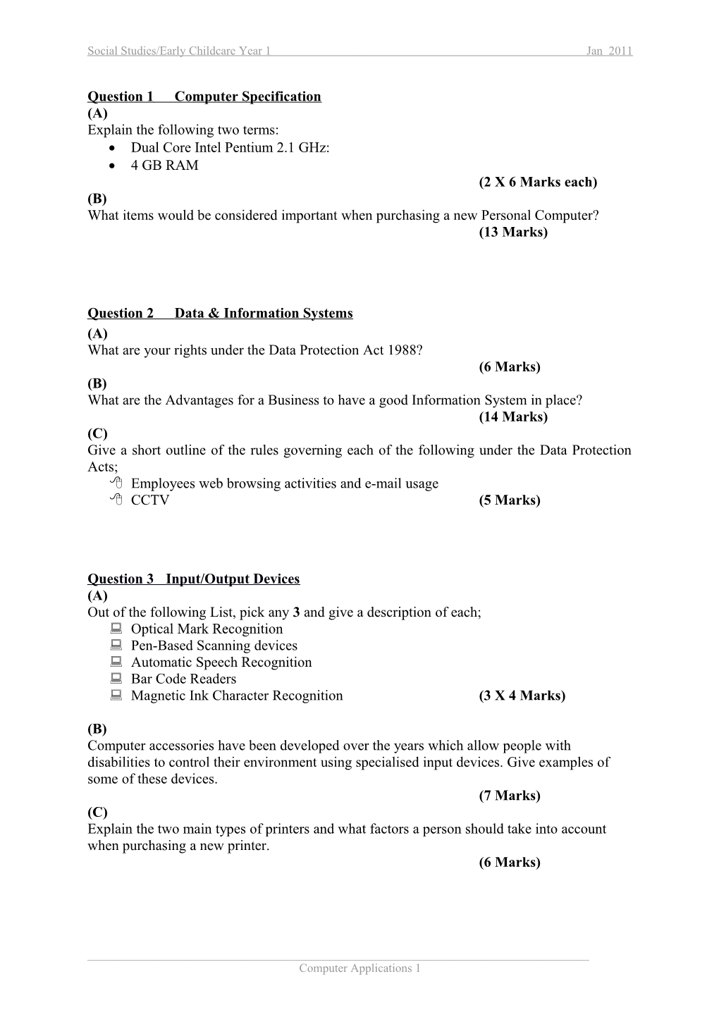 Social Studies/Early Childcare Year 1 Jan 2011