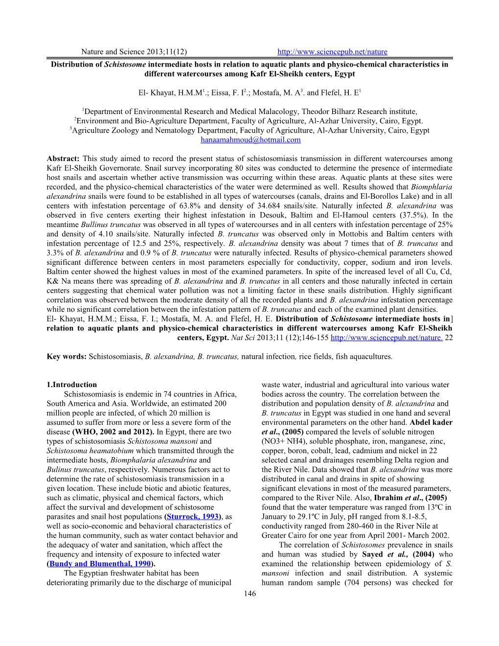 Distribution of Schistosome Intermediate Hosts in Relation to Aquatic Plants And