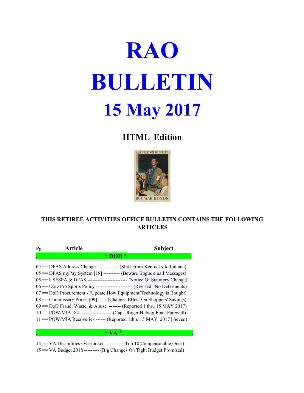 This Retiree Activities Office Bulletin Contains the Following Articles