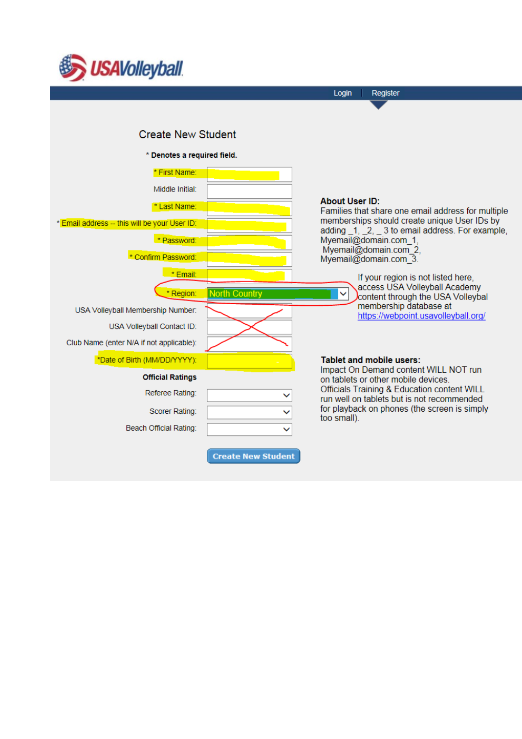 Select the CREATE NEW STUDENT Option When First Accessing the Website