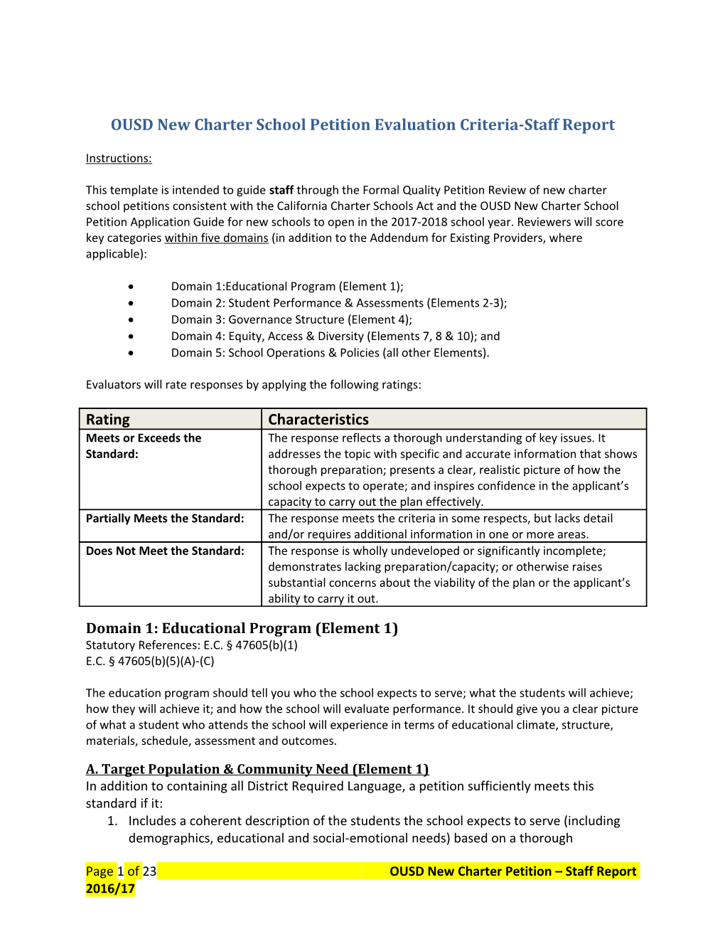 OUSD Newcharter School Petition Evaluation Criteria-Staff Report