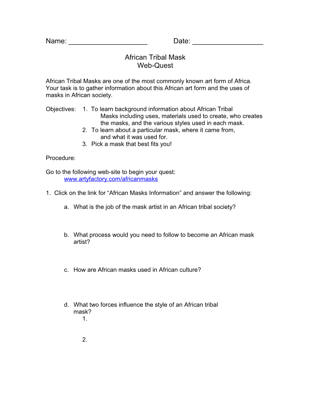 Objectives: 1. to Learn Background Information About African Tribal