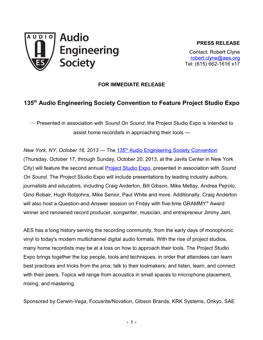 135Th Audio Engineering Society Convention to Feature Project Studio Expo