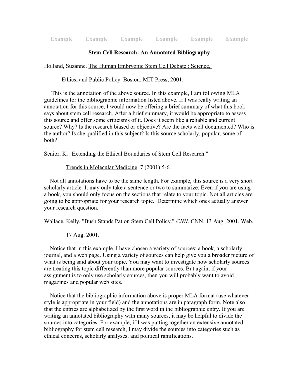 Stem Cell Research: an Annotated Bibliography