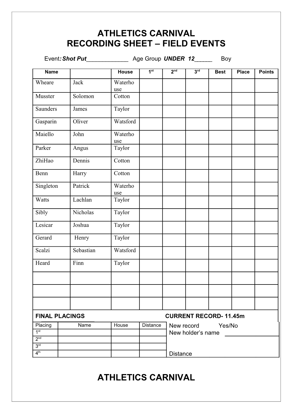 Recording Sheet Field Events