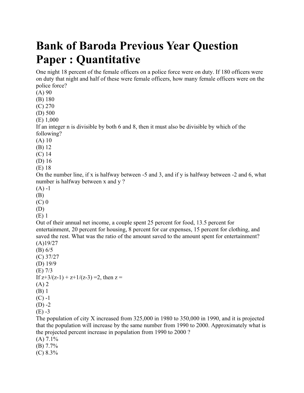 Bank of Baroda Previous Year Question Paper : Quantitative