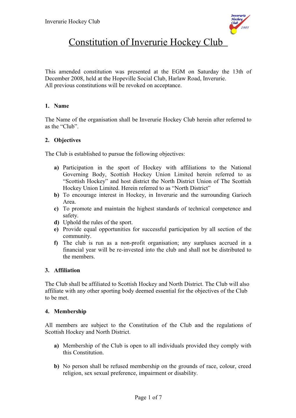 Constitution of Inverurie Hockey Club