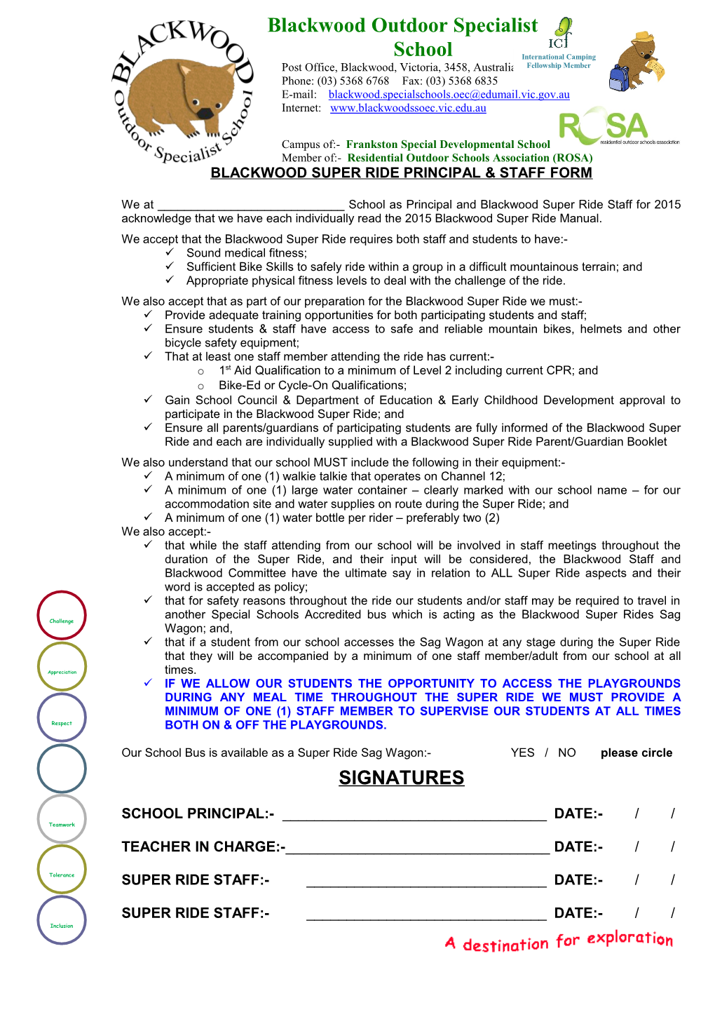 Blackwood Super Ride Principal & Staff Form