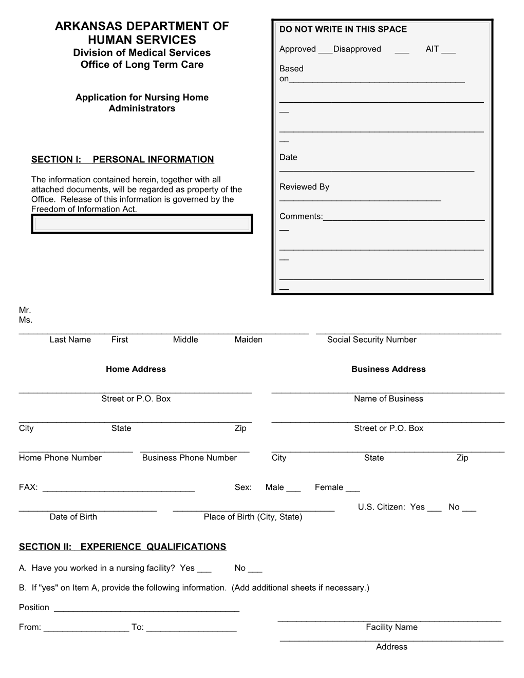 Nursing Home Administrators Application for Nursing Home Administrators