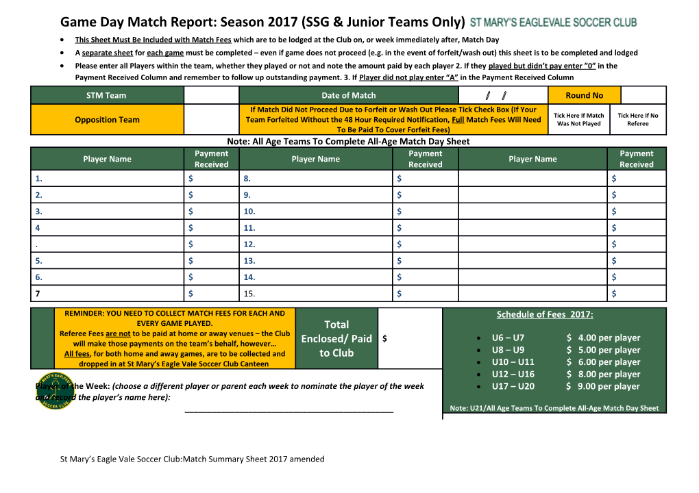 Game Day Match Report: Season 2017 (SSG & Junior Teams Only)