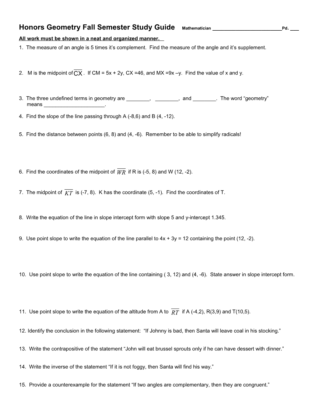 Honors Geometry Fall Semester Study Guide